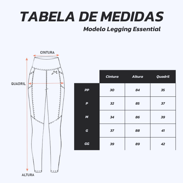 Tabela de medidas da leggin essential ATLET